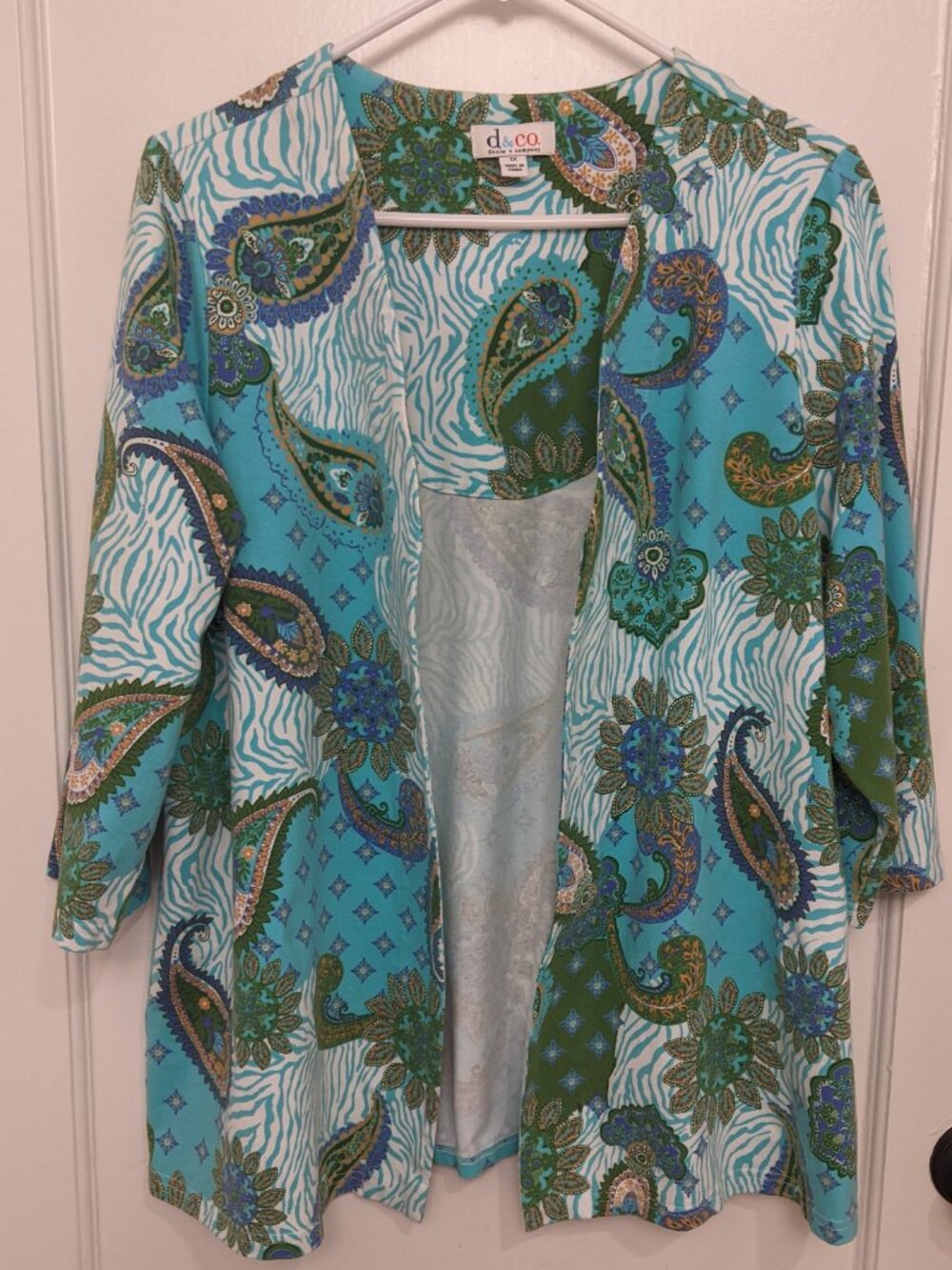 Denim & Co. Women's 1X Turquoise Paisley Open Front Jacket Cotton Boho Festival